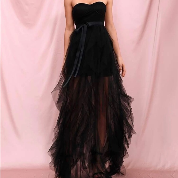 Black belted boho mesh ruffle maxi dress Wedding - Picture 5 of 6